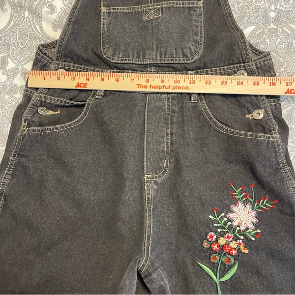 Vintage Denim Shortalls Bib Overalls Jeans Route 66 90s Y2K Womens L 9-10 Black - Picture 7 of 11